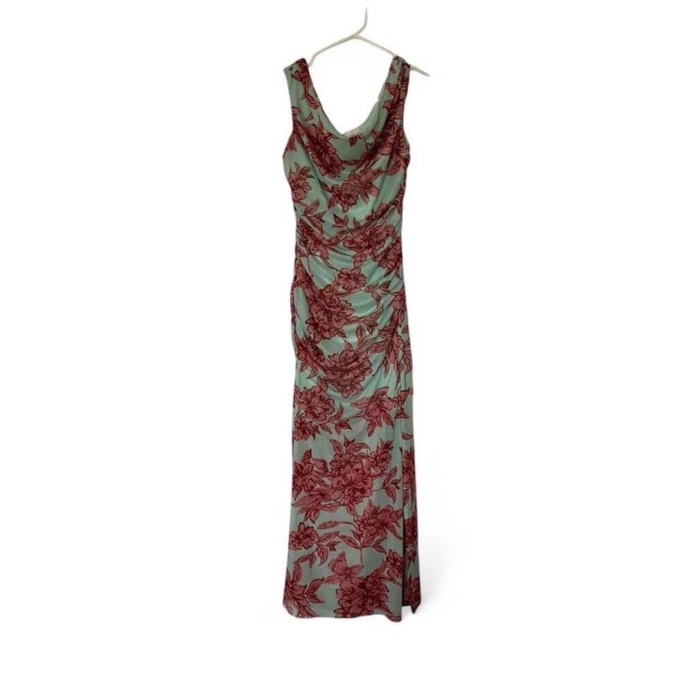 Mint Green and Pink Form-fitting Floral Maxi Dress with Leg Slit size M - Picture 4 of 6
